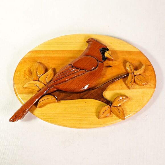 Cardinal Bird Wooden Carving 10" Sculpture Statue Decor Wood Carved Wall Art - Picture 1 of 8